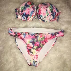 H&M strapless pink floral watercolor bikini set